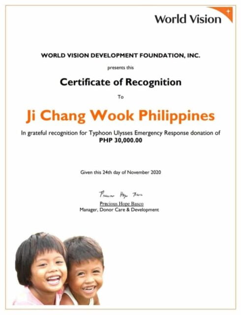 Recognition of Ji Chang Wook Philippines' donation from World Vision Philippines
