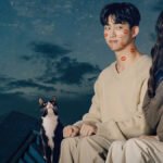 Detail from the poster of "Heartbeat": A cat, Ok Taec-yeon, and Won Ji-an sitting on a house's roof with moon and stars on the background